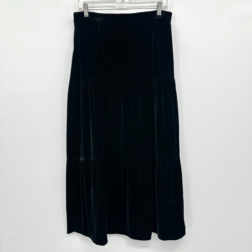 Vintage Liz Claiborne Black Velvet Maxi Skirt Size 12 Lined Tiered Romantic Silk - Picture 9 of 9
